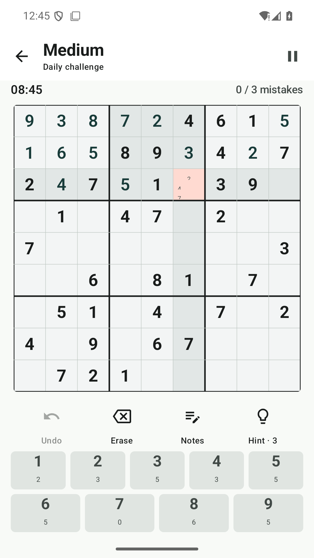 Sudoku Grove game board in progress