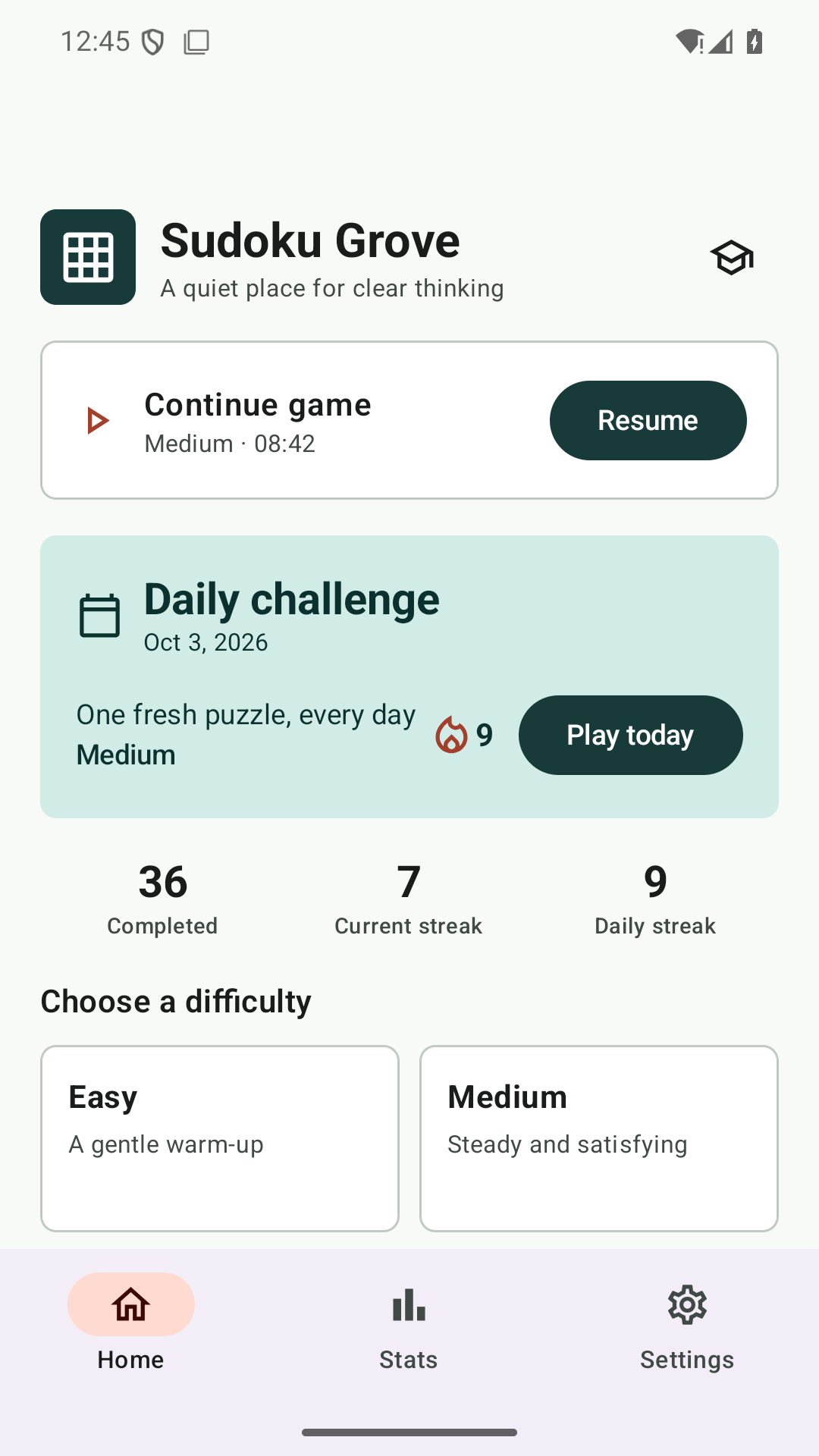 Sudoku Grove home screen